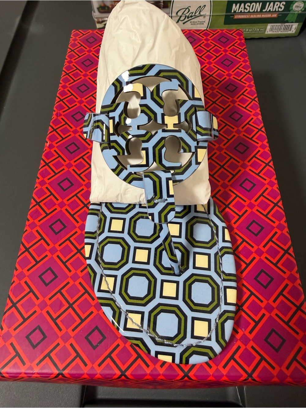 Tory Burch Blue Geometric Logo Thong Sandals